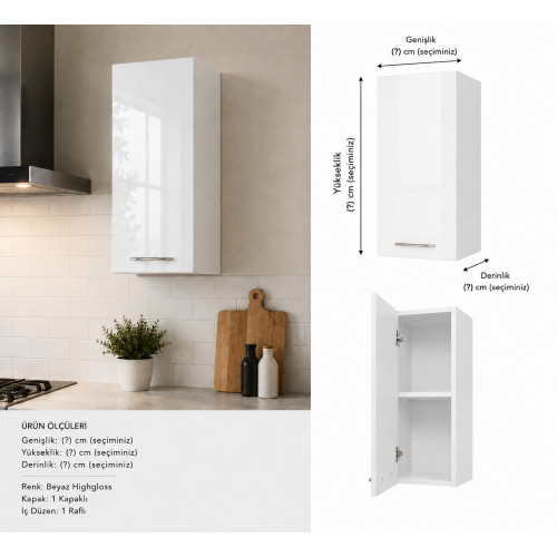 Mutfak Dolabı Üst Modül Highgloss Parlak Kapak/Mdflam Gövde Mutfak Dolabı Üst Modül Highgloss Parlak Kapak/Mdflam Gövde