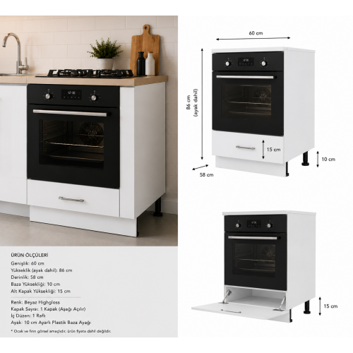Mutfak Dolabı Alt Ankastre Fırın Modülü Highgloss Düşer Parlak Kapak/Mdflam Gövde (60x58x86 cm)