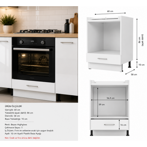 Mutfak Dolabı Alt Ankastre Fırın Modülü Highgloss Raylı Parlak Kapak/Mdflam Gövde (60x58x86 cm)