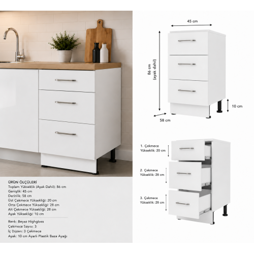 Mutfak Dolabı Alt 3 Çekmece Modülü Highgloss Raylı Parlak Kapak/Mdflam Gövde (45x58x86 cm)