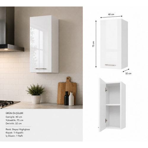 Mutfak Dolabı Üst Modül Highgloss Parlak Kapak/Mdflam Gövde (40x30x75 cm)