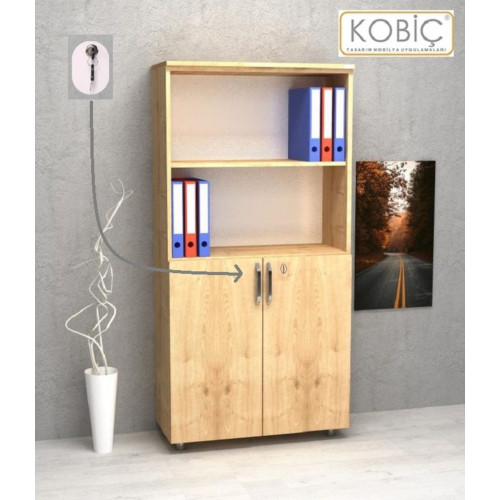 Kobiç Ofis Dosya Dolabı Kilitli Yarım Kapak Suntalam Dolap 80x35x150 Cm Meşe
